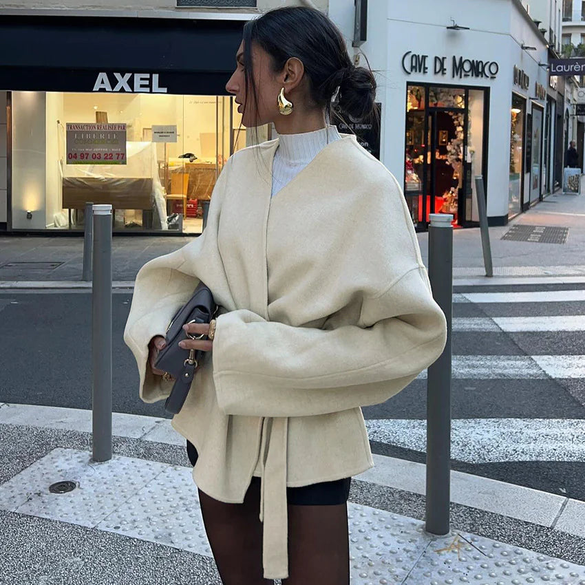 Cinched Waist Overlap Coat