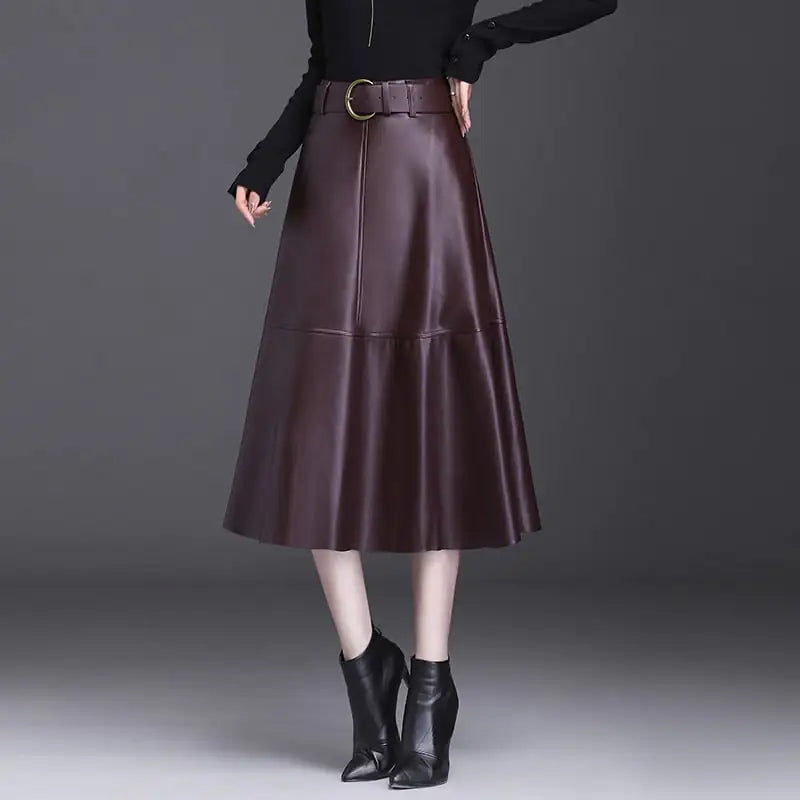 Chic Belted A-Line Leather Skirt