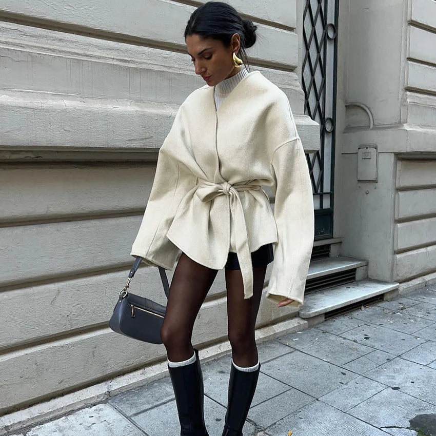 Cinched Waist Overlap Coat