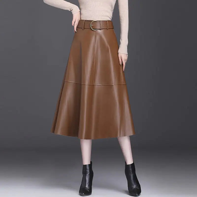 Chic Belted A-Line Leather Skirt