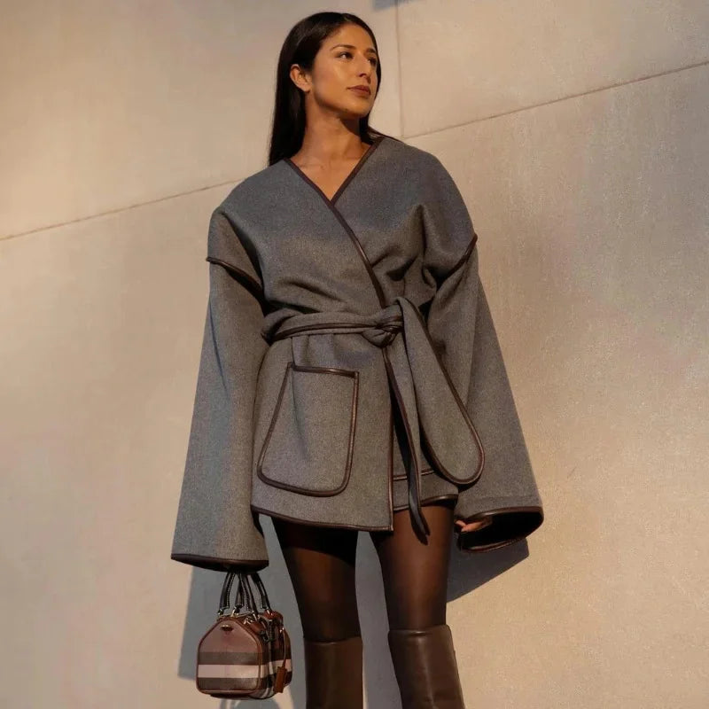 Cinched Waist Overlap Coat