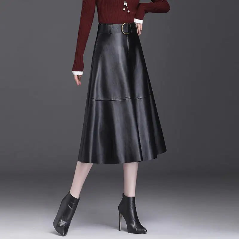 Chic Belted A-Line Leather Skirt