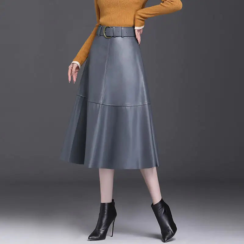 Chic Belted A-Line Leather Skirt
