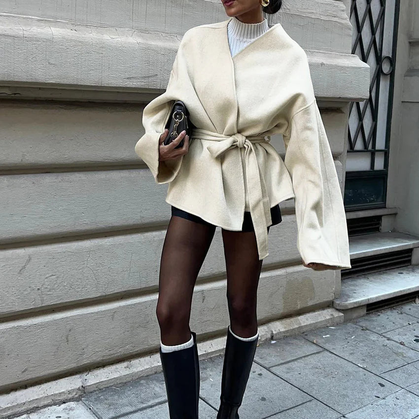 Cinched Waist Overlap Coat