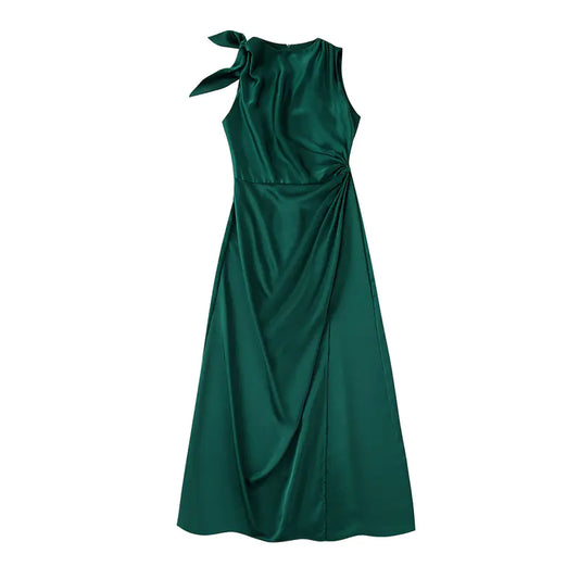 Green Silk Pleat Chic Dress