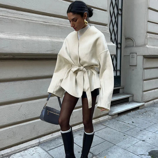 Cinched Waist Overlap Coat