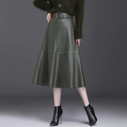 Chic Belted A-Line Leather Skirt