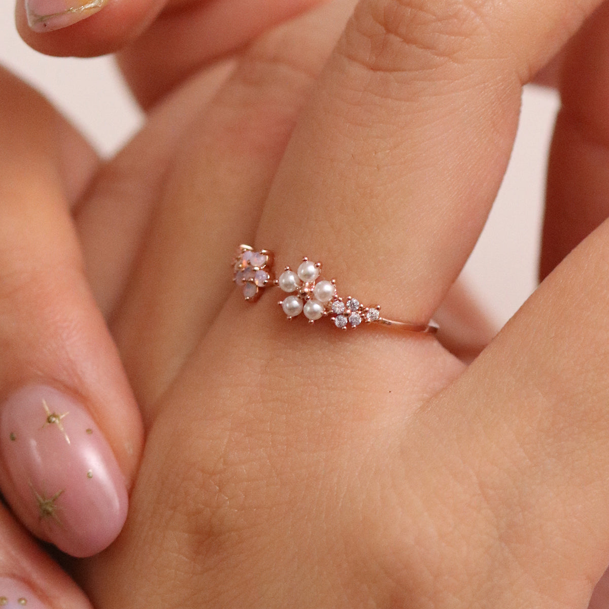 Moonstone & Pearl Flower Adjustable Ring