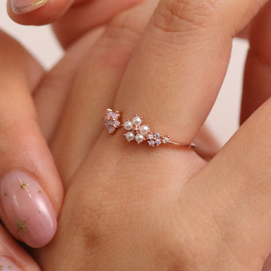 Moonstone & Pearl Flower Adjustable Ring