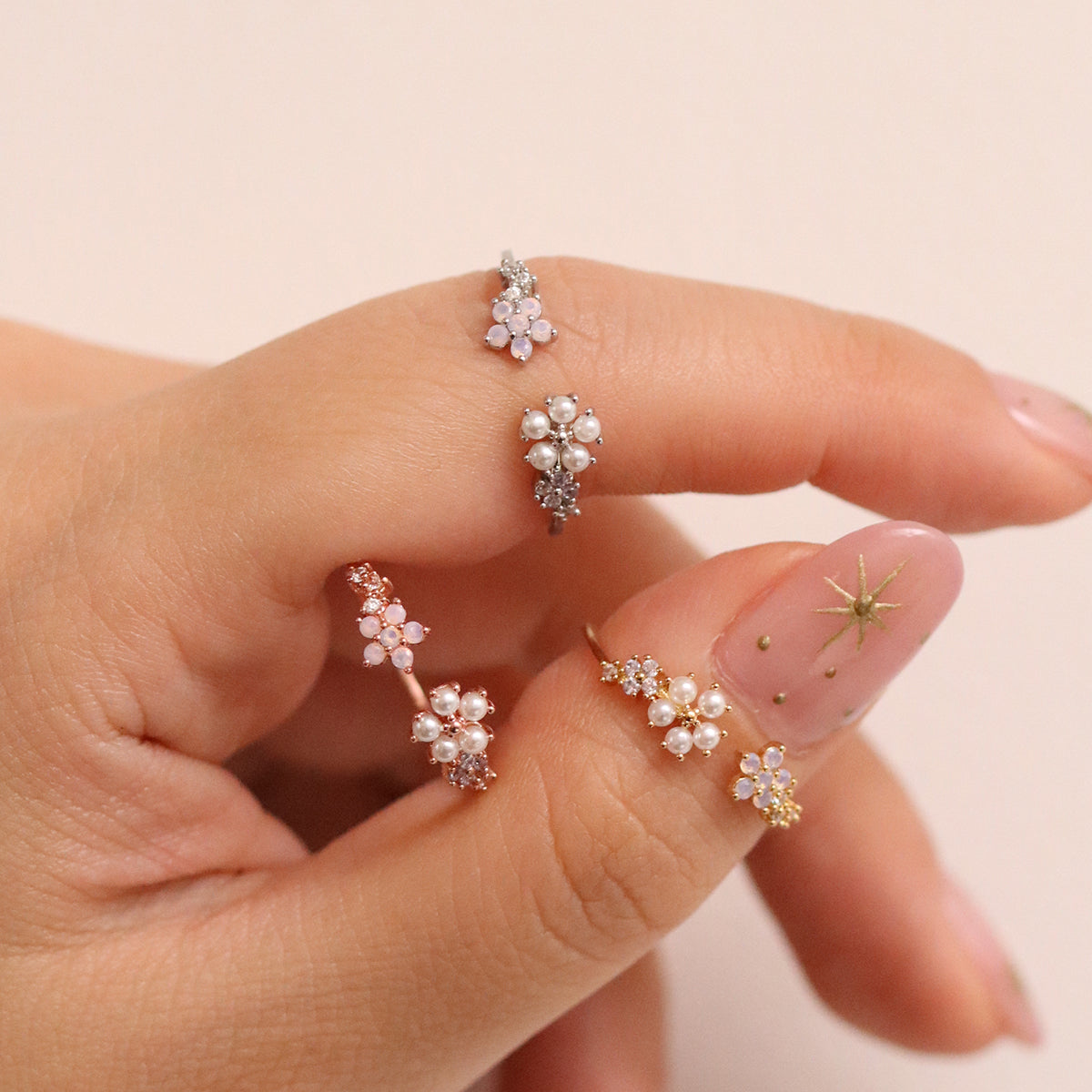 Moonstone & Pearl Flower Adjustable Ring